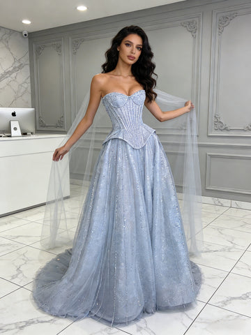 Tulle Sequin A Line Light Blue Sweetheart Prom Dress