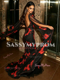 Red Beading V Neck Cape Trumpet Mermaid Prom Dress