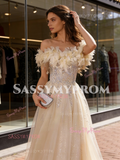 Champagne Tulle Ruffles Feather Beading A Line Prom Dress