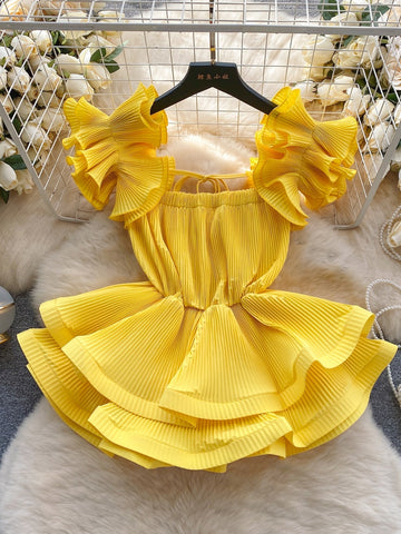 Flouncy Ruffles Bold Yellow Pleated Top