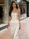 Ivory Lace Up Sheath Column Sweetheart Satin Wedding Dress