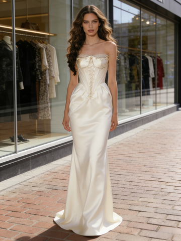 Ivory Lace Up Sheath Column Sweetheart Satin Wedding Dress