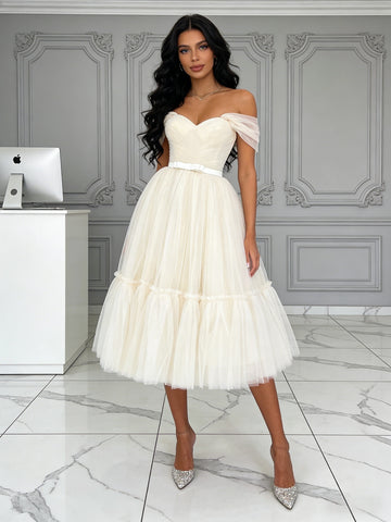 Beige Off The Shoulder Tea Length Tulle Prom Dress