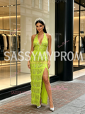 Strapless Tassel Green Halter Prom Dress With Slit