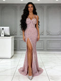 Straps Sweetheart Pink Mermaid Sequin Prom Dress With Slit