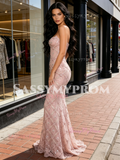 Sweetheart Lace Trumpet Mermaid Pink Beading Prom Dress