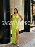 Strapless Tassel Green Halter Prom Dress With Slit