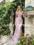 Floral Pink Trumpet Mermaid Tulle Staps Prom Dress