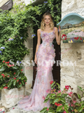 Floral Pink Trumpet Mermaid Tulle Staps Prom Dress