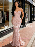 Sweetheart Lace Trumpet Mermaid Pink Beading Prom Dress