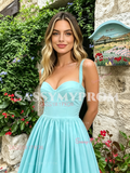 Blue Straps A Line Satin Ruched Prom Dress