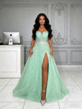Green Tulle Sweetheart Beading A Line Prom Dress With Slit