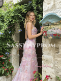 Floral Pink Trumpet Mermaid Tulle Staps Prom Dress