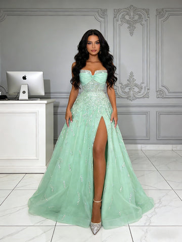 Green Tulle Sweetheart Beading A Line Prom Dress With Slit