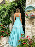 Blue Straps A Line Satin Ruched Prom Dress