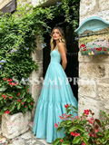 Blue Straps A Line Satin Ruched Prom Dress