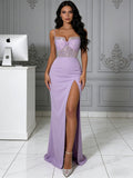 Purple Strapless Beading Trumpet Mermaid Satin Prom Dress