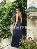 V Neck Beading Tulle A Line Blue Prom Dress