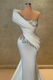 Trumpet Mermaid Beading One Shoulder Ruched White Prom Dress