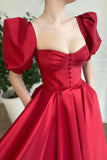 Puffy Sleeve Buttons Red Satin Prom Dress With Pockets
