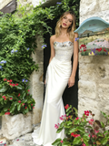 Strapless White Satin Trumpet Mermaid Beading Prom Dress