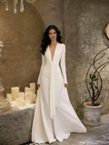 Long Sleeves A Line Backless Satin V Neck Wedding Dress