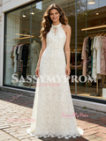 Keyhole A Line Simple Lace Halter Wedding Dress