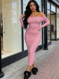 Maxi Long Sleeve Ruched Fitted Off The Shoulder Bodycon Dress