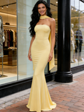 Shawl Yellow Trumpet Mermaid Strapless Satin Prom Dress