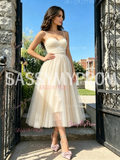 Spaghetti Straps A Line Tulle Tea Length White Homecoming Dress