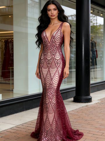 V Neck Trumpet Mermaid Burgundy Sparkle Tulle Prom Dress