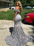 Gray Off The Shouler Feather Trumpet Mermaid Appliques Prom Dress