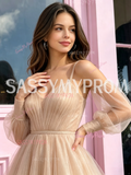 Champagne Tulle Spaghetti Strap Long Sleeve Homecoming Dress