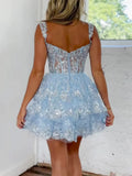 V Neck Blue Lace Sequins Short Mini Homecoming Dress