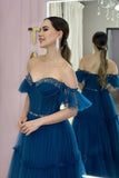 Off The Shoulder Beading Blue Ruffles Tulle Prom Dress