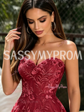 Burgundy Sweetheart Lace A-Line Tulle Prom Dress