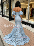 Blue Puffy Sleeve Mesh Trumpet Mermaid Lace Prom Dress