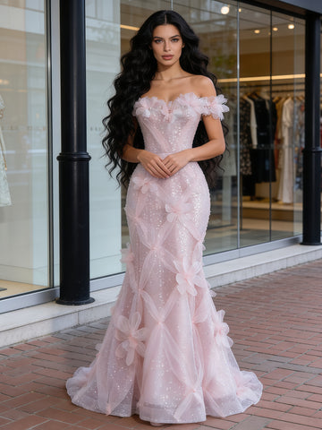 Ruffles Flowers Tulle Beading Off The Shoulder Mermaid Prom Dress