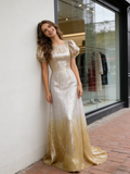 Yellow Silver Sequin Tulle A Line Short Sleeves Prom Dress With Slit