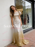 Yellow Silver Sequin Tulle A Line Short Sleeves Prom Dress With Slit