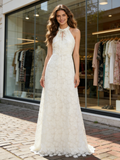 Keyhole A Line Simple Lace Halter Wedding Dress