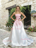 Strapless Pink Flower A Line Satin Prom Dress