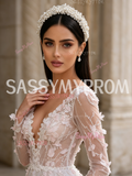 Sequin Floral V Neck Pink Long Sleeve Tulle Prom Dress