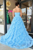 Light Blue Tulle Ruffle Long Strapless Prom Dress