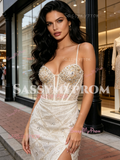 Spaghetti Straps Trumpet Mermaid Beading Champagne Prom Dress