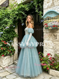Puffy Sleeves Blue Tulle Layer A Line Beading Prom Dress