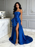 Strapless Satin Blue A Line Bow Prom Dress With Slit