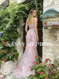Floral Pink Trumpet Mermaid Tulle Staps Prom Dress