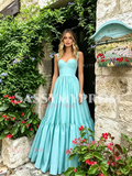 Blue Straps A Line Satin Ruched Prom Dress
