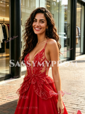 Red Beading Tulle V Neack A Line Prom Dress
